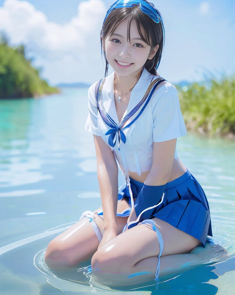 (NFSW)、(High resolution:1.5)、Highest quality,Very detailed,masterpiece,Super detailed,alone,(One girl),((Summer School Uniforms:1.5)), Seraphim, ((skirt:1.5)), smile, Thigh fetish images: 1.5、(((barefoot)))、(Her thighs and white bikini reflected in the clear blue water)、(reflected in water:1.5)、((I can see the white string panties:1.5))、(Cleavage)、((Clear blue seawater))、Summer sun、はしゃいだsmile、Beautiful Eyes、(pull-out-panties)、(Panties on knees)、Big necklace and tiara、The water is marine blue、(((Glossy thighs)))