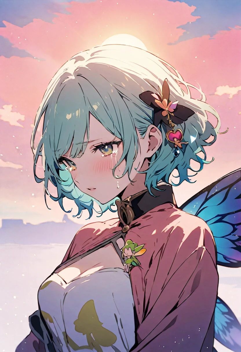 masterpiece, Highest quality, Illustration of the novel, High resolution, 18+ Adult content, Sensual, Intimate, Emotional, Passionate, romantic, sweet, Adorable, Innocent, Pure, Charmな, Charmな, Charm, mysterious, Charmな, Charmな, Immersive, Charmな, dream-like, Surreal, Imaginative, Whimsical, Artistic, Avant-garde, timeless, elegant, Sophisticated, chic, Sophisticated, personality, original, Charmな,(( Fairy:1.3)),((Beautiful Tears))、Upper Body,((Sunrise Time/Sunrise time/sunrise time:1.3))