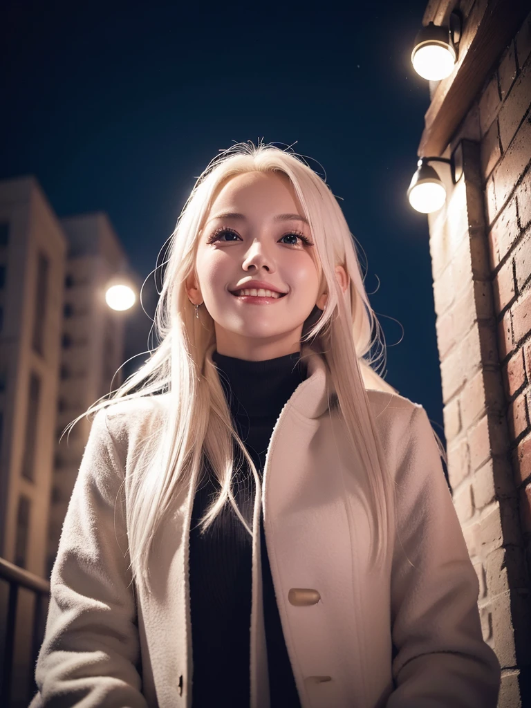 (masterpiece), (Highest quality), One girl, (Perfect Face:1.2), (Beautiful Face:1.2), Platinum Blonde Hair, (From below, Upper Body:1.3), Happy, A light smile, View your viewers, Pause,
winter coat, Outdoor, winter, snow, at night, complicated, Depth of written boundary, Cinema Lighting,