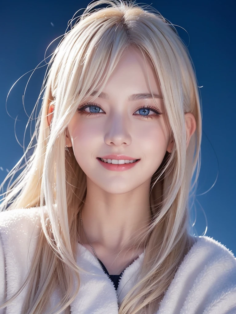 (masterpiece), (Highest quality), One girl, (Perfect Face:1.2), (Beautiful Face:1.2), Platinum Blonde Hair, (From below, Upper Body:1.3), Happy, A light smile, View your viewers, Pause, 
winter coat, Outdoor, winter, snow, at night, complicated, Depth of written boundary, Cinema Lighting,