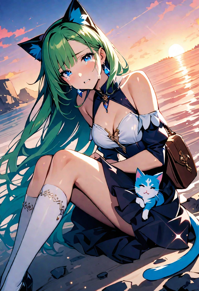 masterpiece, Highest quality, Illustrations for novels, High resolution, 18+ Adult content, Sensual, Intimate, Emotional, Passionate, romantic, sweet, Adorable, Innocent, Pure, Enchanting, Enchantingな, attractive, mysterious, Enchantingな, Enchanting, Immersive, Enchantingな, dream-like, Surreal, Imaginative, Whimsical, Artistic, Avant-garde, timeless, elegant, Sophisticated, chic, Sophisticated, Individuality, original, Enchantingな,One girl,Deltamon_beta, alone, blue eyes, Knee socks, Animal ears, Bare shoulders, Blue Tail, Earrings,Removable sleeves, Green Hair, No sleeve, Cat ear, bag, white Knee socks, Cat's Tail,pink backpack,Pink school bag,Lavender lace: Lavender Peter Pan collar lace dress, Paired with ivory tights and Mary Jane shoes.,Cherry-blossom viewing, azalea, satsuki, azalea blizzard,
rest ((Avoidance method ((kitten)), Crying face)),((Sunrise Time/Sunrise time/sunrise time:1.3))
