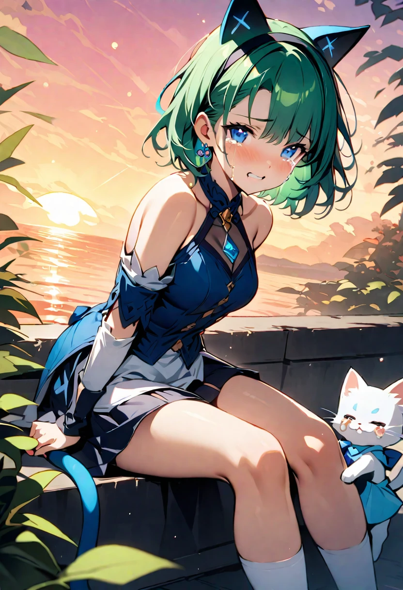 masterpiece, Highest quality, Illustrations for novels, High resolution, 18+ Adult content, Sensual, Intimate, Emotional, Passionate, romantic, sweet, Adorable, Innocent, Pure, Enchanting, Enchantingな, attractive, mysterious, Enchantingな, Enchanting, Immersive, Enchantingな, dream-like, Surreal, Imaginative, Whimsical, Artistic, Avant-garde, timeless, elegant, Sophisticated, chic, Sophisticated, Individuality, original, Enchantingな,One girl,Deltamon_beta, alone, blue eyes, Knee socks, Animal ears, Bare shoulders, Blue Tail, Earrings,Removable sleeves, Green Hair, No sleeve, Cat ear, bag, white Knee socks, Cat's Tail,pink backpack,Pink school bag,Lavender lace: Lavender Peter Pan collar lace dress, Paired with ivory tights and Mary Jane shoes.,Cherry-blossom viewing, azalea, satsuki, azalea blizzard,
rest ((Avoidance method ((kitten)), Crying face)),((Sunrise Time/Sunrise time/sunrise time:1.3))