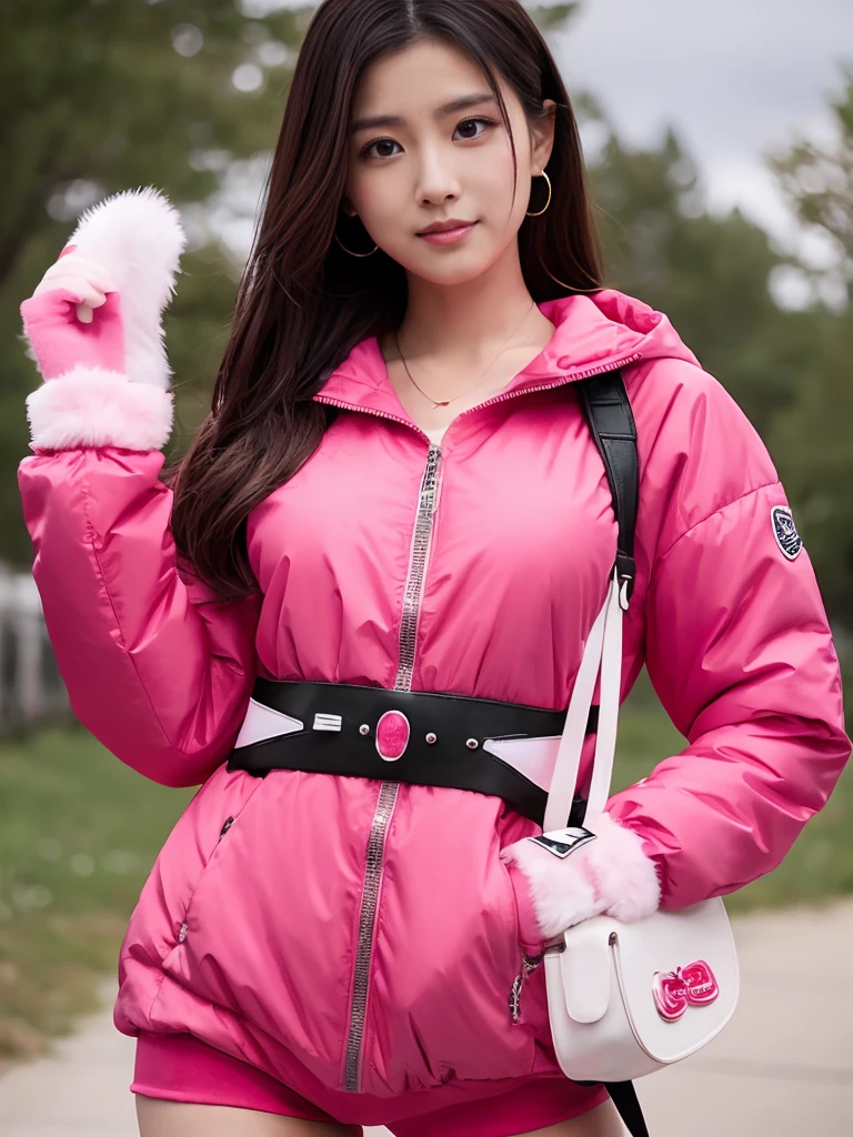 ((highest quality, 8K, masterpiece :1.3)), Beautiful Japanese girl in her early s、power rangers pink costume、Being captured by the enemy、Glaring at the enemy