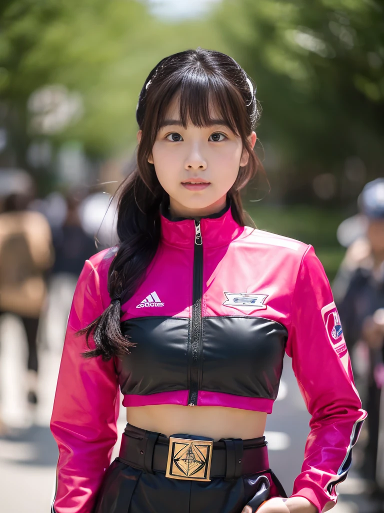 ((highest quality, 8K, masterpiece :1.3)), Beautiful Japanese girl in her early teens、power rangers pink costume、Being captured by the enemy、Glaring at the enemy