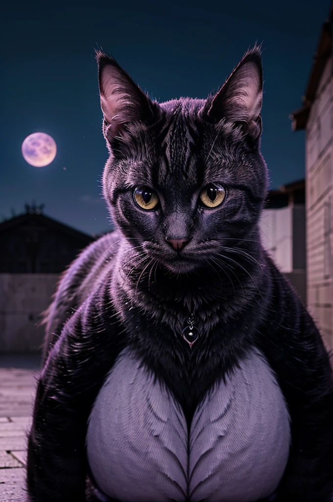 Generate an image of a creature, looks like a cat, but with three eyes and scales instead of fur, living on a planet with a purple sky. 