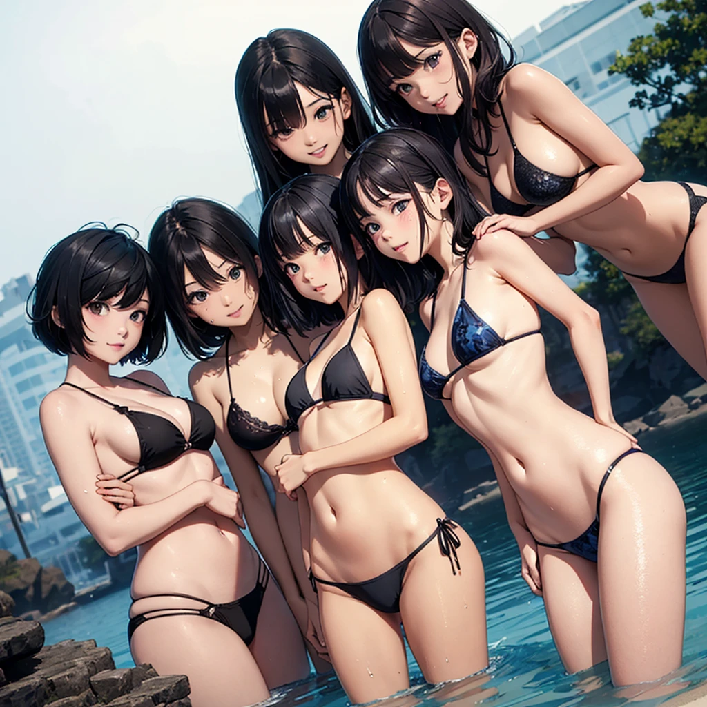 high resolution。High resolution、Low - Angle、masterpiece、Beautiful black-haired girls、cute、Colorful micro bikinis、Girls huddling together、A girl with long hair and a girl with short hair、Dark Eyes、Bright smile、White teeth、Black shiny hair、color々Pause、Wet black hair、Your body is wet、Seaside。sweating、high resolution8K