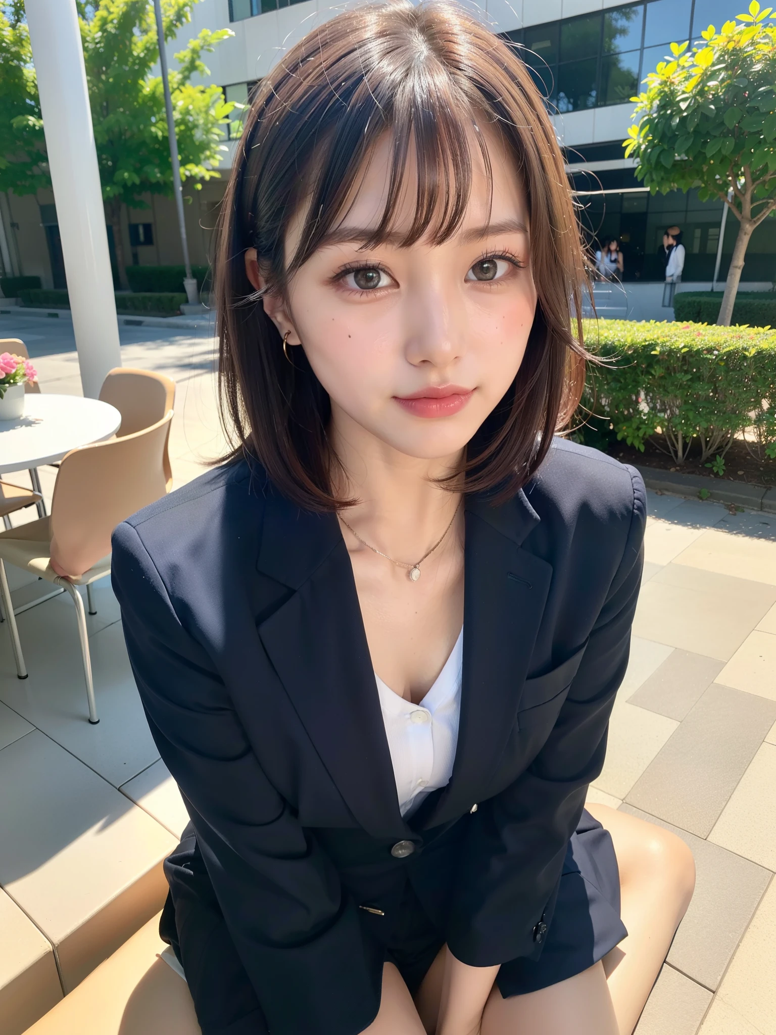 ((Best of the highest quality, 8k, Masterpiece, raw photo: 1.3)), Sharp focus: 1.2, (1 AESPA, slim body type female, 21 y/o: 1.1), (Solo: 1.2), (realistic, photo-realistic:1.37), face focus, cute face, finely eyes, (droopy eyes: 1.32), (Emphasize prominent aegyo-sal with bright: 1.2), shimmering eyeshadow applied under the lower lash line, paired with thick, (small breasts, flat chest, thigh: 1.3), (short messy hair, bangs: 1.2), (business suit: 1.28), sitting terrace office, sun light, flower