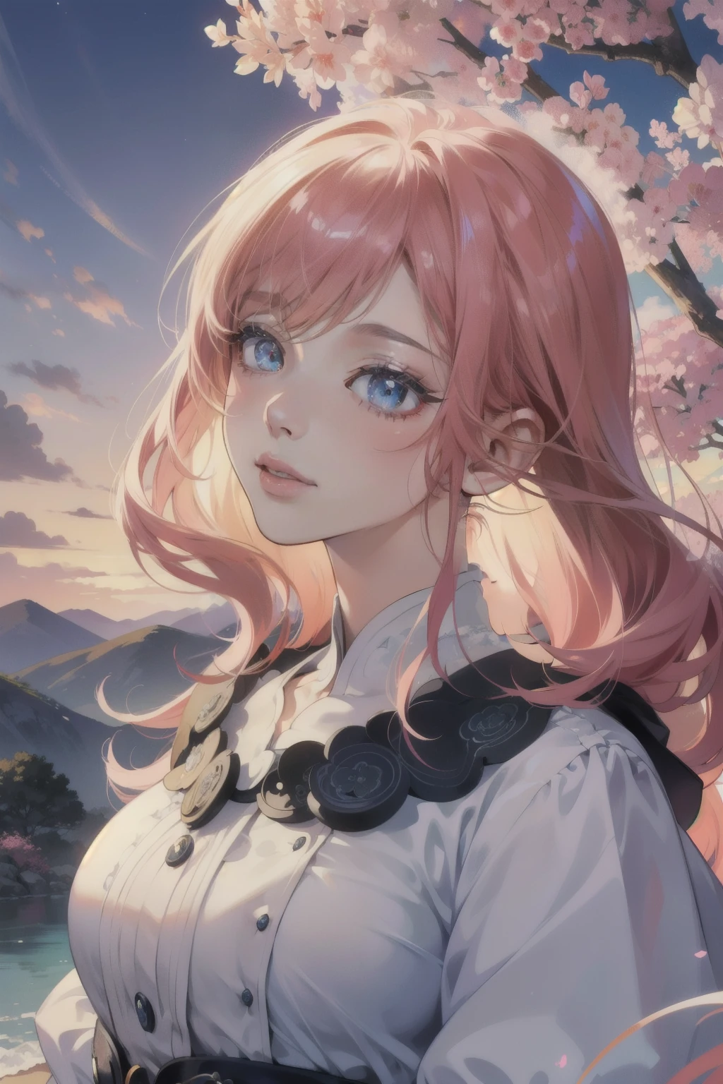 (Ultra-detailed, masterpiece:1.4, 8k, best quality), Elizabeth "Eli" Makiba, a captivating sexy anime waifu characters drawn by Kazue Takahashi, (detailed eyes, detailed face, detailed skin, shiny skin:1.2), with expressive, kaleidoscopic eyes, vibrant pink hair styled in an unique, cascading design, and a radiant smile that emphasizes her alluring charm,
(Anime landscape, anime-inspired background, intricately detailed), featuring a serene, surreal landscape filled with ethereal landscapes and whimsical elements, showcasing the harmonious blend