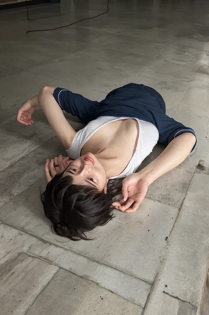 A handsome young investigator with his limbs restrained、Lying on a concrete floor。Blank look