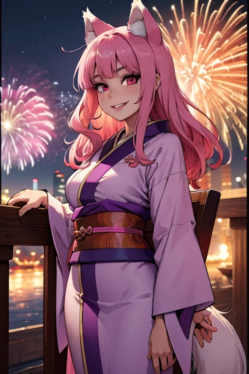 young pink haired wolf woman with violet  eyes with an hourglass figure and pink wolf ears and a pink wolf tail in a pretty kimono is watching fireworks with a big smile