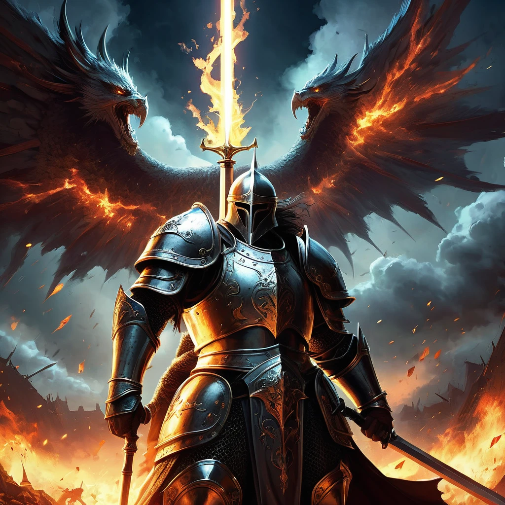 Visualize the God of Battle in a medieval fantasy realm, towering above a field strewn with fallen warriors and banners torn by fierce winds. Clad in gleaming armor adorned with symbols of war and conquest, the deity's presence commands awe and reverence. Their eyes blaze with the fire of determination, and their face is etched with the wisdom of countless battles fought throughout the ages. In one hand, they wield a colossal warhammer forged from star-metal, its weight seeming inconsequential in the hands of a god. The other hand is raised in a gesture of both command and blessing, as if guiding the destiny of mortal warriors below. The battlefield is painted with the hues of dusk, where clouds swirl ominously above, reflecting the turmoil of conflict. Capture the essence of strength, valor, and divine authority as the God of Battle oversees the eternal struggle between armies in the medieval fantasy realm, embodying the spirit of martial prowess and honor."






