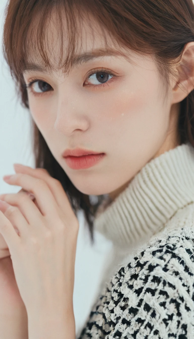 xxmixgirl, Analog Style, Eye focus, Highest quality, (Very detailed skin), Exquisitely beautiful white skin photos, 24-years-old, Perfect Face, Captivating eyes, (Seductive makeup: 1.3), Skin pores, (Bokeh:1.5), Sharp focus, Dappled Lighting, (Backlight), Film Grain, (Very detailed, Exquisitely crafted), 8K, High resolution, Front view, Studio Light, Very detailed顔, Fine grain, (double eyelid: 1.4), Aristogle, Brown eyes, (commercial: 1.6), (Natural Makeup), ((White studio background: 2))、Summery white fashion