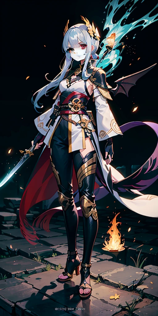 Anime figure, dark villain, handsome side face, long hair, low ponytail, flying, (golden headdress), two teenage girls back to back, (simple helmet) ash burning spark, the samurai held a sword, and a gun , black jumpsuit with a white part, purple cape, purple eyes, white glove, genshin impact outfit, the full image of the witch and witch skeleton, (full body standing), ((distant view)), (HD8K), ultra wide angle, the background is beautiful, the original god, demon anime girl, angel anime girl, fantasy paladin man, dragon Knight,Spread your black feather wings，Genshin Mobile Influence, 8k Anime, Fantasy illustration anime, Genshin Impact, Tough and Cold Character, Key Anime Detailed Art, Ayaka Genshin Impact, clorinde portrait，Close-up of random weapons shooting, Comic book epic art, epic fantasy digital art style, art style epic fantasy, 8K high quality detailed art, HD epic fantasy art style, distant vision, behind him is a golden glowing magic array。, purify the flame, HD anime visuals, full magic knight portrait,
