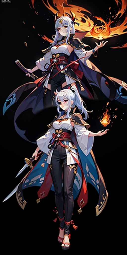 Anime figure, dark villain, handsome side face, long hair, low ponytail, flying, (golden headdress), two teenage girls back to back, (simple helmet) ash burning spark, the samurai held a sword, and a gun , black jumpsuit with a white part, purple cape, purple eyes, white glove, genshin impact outfit, the full image of the witch and witch skeleton, (full body standing), ((distant view)), (HD8K), ultra wide angle, the background is beautiful, the original god, demon anime girl, angel anime girl, fantasy paladin man, dragon Knight,Spread your black feather wings，Genshin Mobile Influence, 8k Anime, Fantasy illustration anime, Genshin Impact, Tough and Cold Character, Key Anime Detailed Art, Ayaka Genshin Impact, clorinde portrait，Close-up of random weapons shooting, Comic book epic art, epic fantasy digital art style, art style epic fantasy, 8K high quality detailed art, HD epic fantasy art style, distant vision, behind him is a golden glowing magic array。, purify the flame, HD anime visuals, full magic knight portrait,