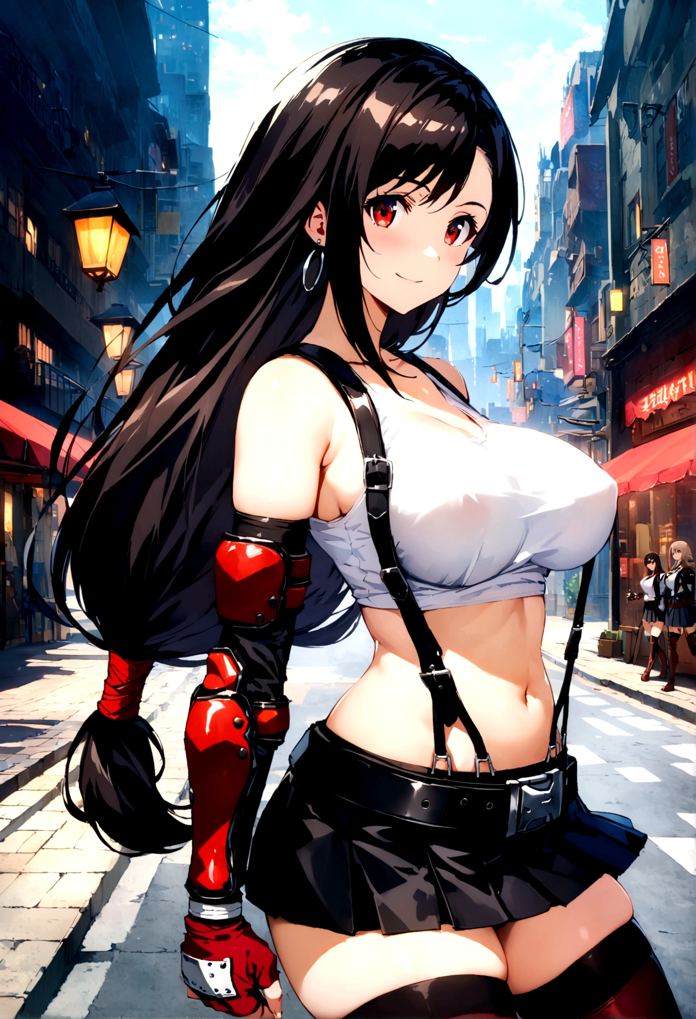 score_9, score_8_up, score_7_up,score_6, score_5,4k,BREAK , from side,from side,side view,breast focus,standing,straight-on,walking,(arms in sids),(mediumshot),looking_at_viewer ,1girl, tifa lockhart, final fantasy, tareme,black hair, low-tied long hair, red eyes, bangs, (white tank top, belt, pleated skirt, thighhighs, elbow fingerless gloves, elbow pads, midriff, navel,suspender skirt) ,(large_breast),(light smile),Curvy waist,,Solo,,(daytime and beachside and city),detailed skin,(best quality),(aesthetic,very aesthetic),UHD,HDR,intricate detailed,anime,highly detailed,sharp focus,depth of field,,professional lighting,cinematic lighting, ,
