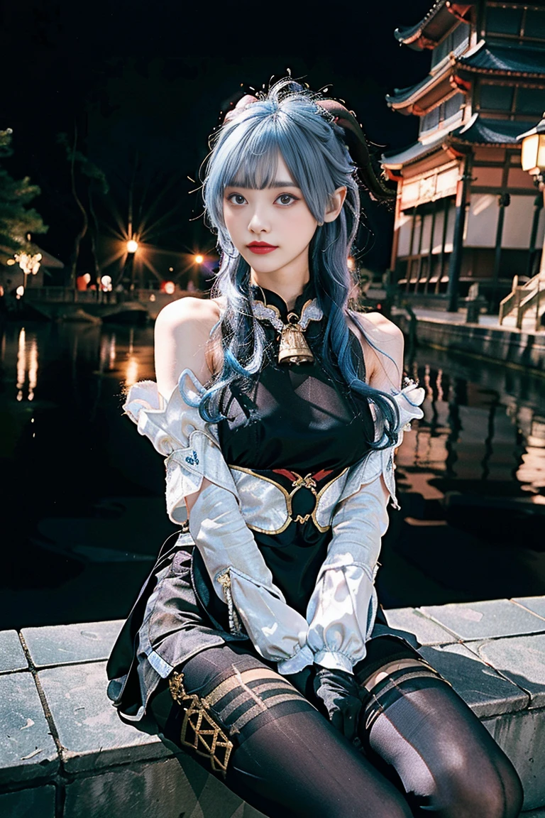 master piece, Best Quality, (ganyu) , (GenshinImpact), ((Light blue hair)) , 1girl in, Ahoge, architecture, Bare shoulders, bell, Black Gloves, Black pantyhose, blush, breasts, Chinese knot, Detached sleeves, East Asian Architecture, flower knots, gloves, Horns, Long hair, Looking at Viewer, medium breasts, Neck bell, Night, Outdoors, pantyhose, Purple eyes, side locks , tassels, White sleeves, Convoluted , Caustics, Subsurface scattering, 18yearold