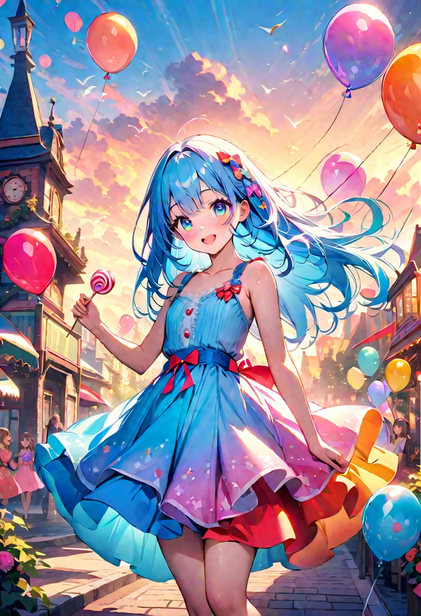 , ,(((( light blue long hair)))), , (true beautiful:1.2),cute face, big eyes,,(tiny 1girl model:1.2),)(flat chest),1 girl,A sunset over a vibrant Candyland, with colorful balloons, ice cream, and drinks 🎈🍦🍹❤(😘👩🎀👗⚜👒👡💅)🎪🎢🎡🎠. The scene is full of excitement and joy, with a variety of attractions. The sky is ablaze with a mix of warm and cool tones, creating a stunning backdrop. The lighting is soft and golden, casting a warm glow over the entire landscape. The vibrant colors of the candy-inspired structures stand out against the pastel sky. The candy-themed buildings are adorned with intricate details, from candy canes to lollipops, creating a whimsical and magical atmosphere. The balloons float in the air, adding an element of playfulness and fun to the scene. The air is filled with laughter and happy chatter as people enjoy the festive atmosphere. The characters are beautifully dressed, with elegant outfits and delicate accessories. Their eyes shine with excitement and anticipation, while their lips display a cheerful smile. The girls' dresses are adorned with bows and ribbons, adding a touch of femininity to their appearance. The scene captures the beauty of friendship and the enjoyment of a carefree day at the amusement park. The overall image quality is of the highest standard, with a focus on every minute detail. The image is ultra-detailed, bringing to life every aspect of the scene. The colors are vivid and vibrant,  creating a unique and captivating visual experience. The colors are carefully chosen to evoke a sense of wonder and enchantment. The scene is bathed in warm hues, creating a dreamlike ambiance. The lighting highlights the key features of the landscape, adding depth and dimension to the image. In summary, the prompt describe a beautiful sunset candyland