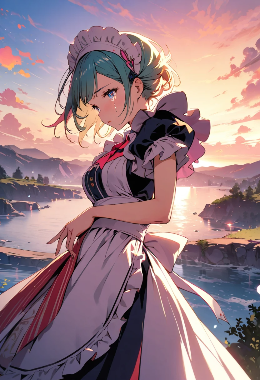 masterpiece, Highest quality, Illustrations for novels, High resolution, 18+ Adult content, Sensual, Intimate, Emotional, Passionate, romantic, sweet, Adorable, Innocent, Pure, Enchanting, Enchantingな, attractive, mysterious, Enchantingな, Enchanting, Immersive, Enchantingな, dream-like, Surreal, Imaginative, Whimsical, Artistic, Avant-garde, timeless, elegant, Sophisticated, chic, Sophisticated, Individuality, original, Enchantingな,((Maid clothes:1.3)),((Beautiful Tears)),((Sunrise Time/Sunrise time/sunrise time:1.3))