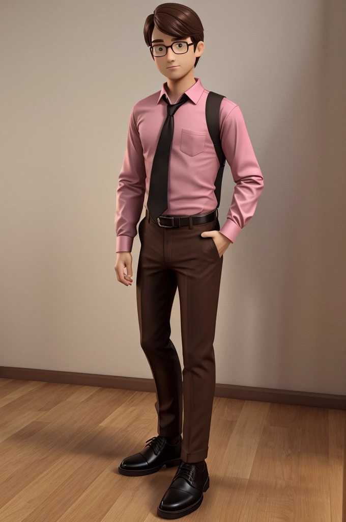 A 10 years cute boy with pink shirt, brown pant, brown tie, and black shoes. 3d pixar style