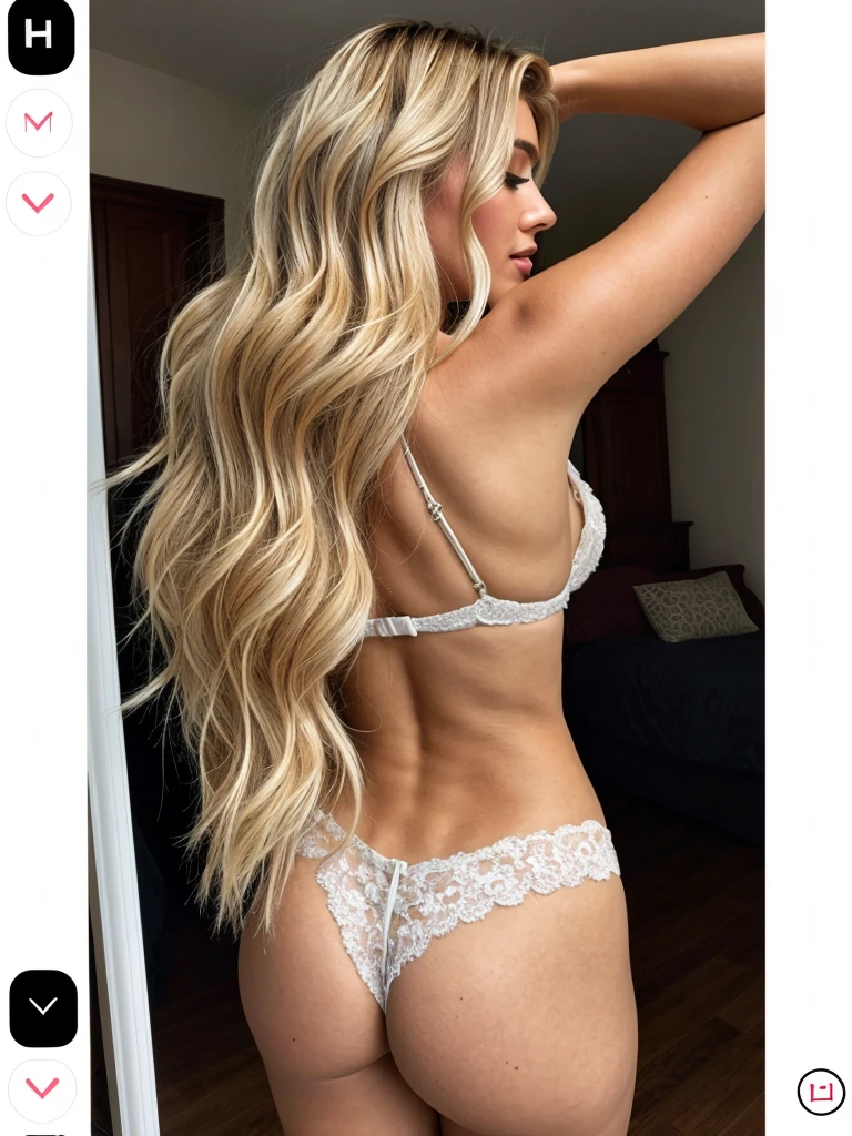 A 23-year-old blonde woman, ((pechos grandes)), ((hiperrealismo)). Blonde hair with light brown roots. Cabello rubio, cabello extra largo, cabello muy largo, really long hair, styled in loose waves cascading down her back. Photo taken with an iPhone, show entire body, whole body in frame, showcasing her curves. Cleavage subtly visible