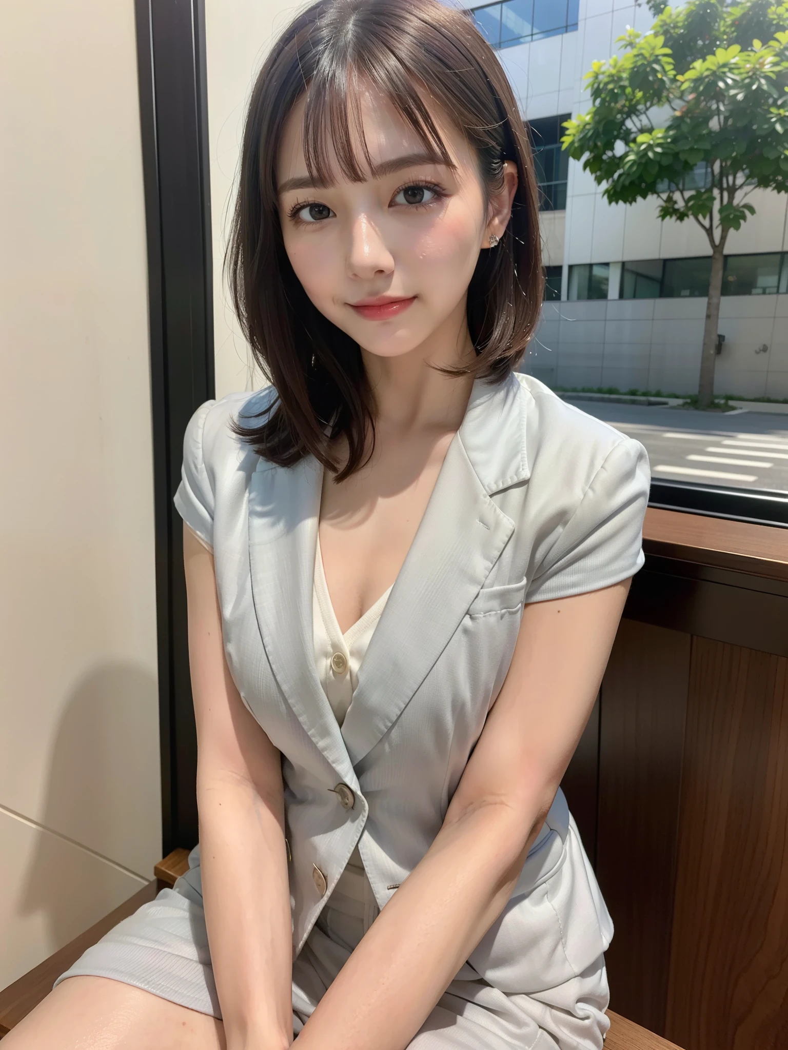 ((Best of the highest quality, 8k, Masterpiece, raw photo: 1.3)), Sharp focus: 1.2, (1 AESPA, slim body type female, 21 y/o: 1.1), (Solo: 1.2), (realistic, photo-realistic:1.37), face focus, cute face, finely eyes, (droopy eyes: 1.32), (Emphasize prominent aegyo-sal with bright: 1.2), shimmering eyeshadow applied under the lower lash line, paired with thick, (small breasts, flat chest, thigh: 1.3), (short messy hair, bangs: 1.2), (business suit: 1.28), sitting terrace office, sun light, flower
