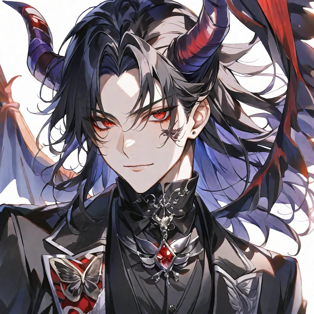 solo,handsome, Watercolor,
1. male,
hime cut,Straight Hair,long Hair, 
black hair, Gojo Satoru,
red Eyes,Black Rose Tattoo,butterfly Tattoo,
black suit, Devil's Horn, Devil's Feather,
skin,Silver Accessories,Prince,Face up,icon,
White background,