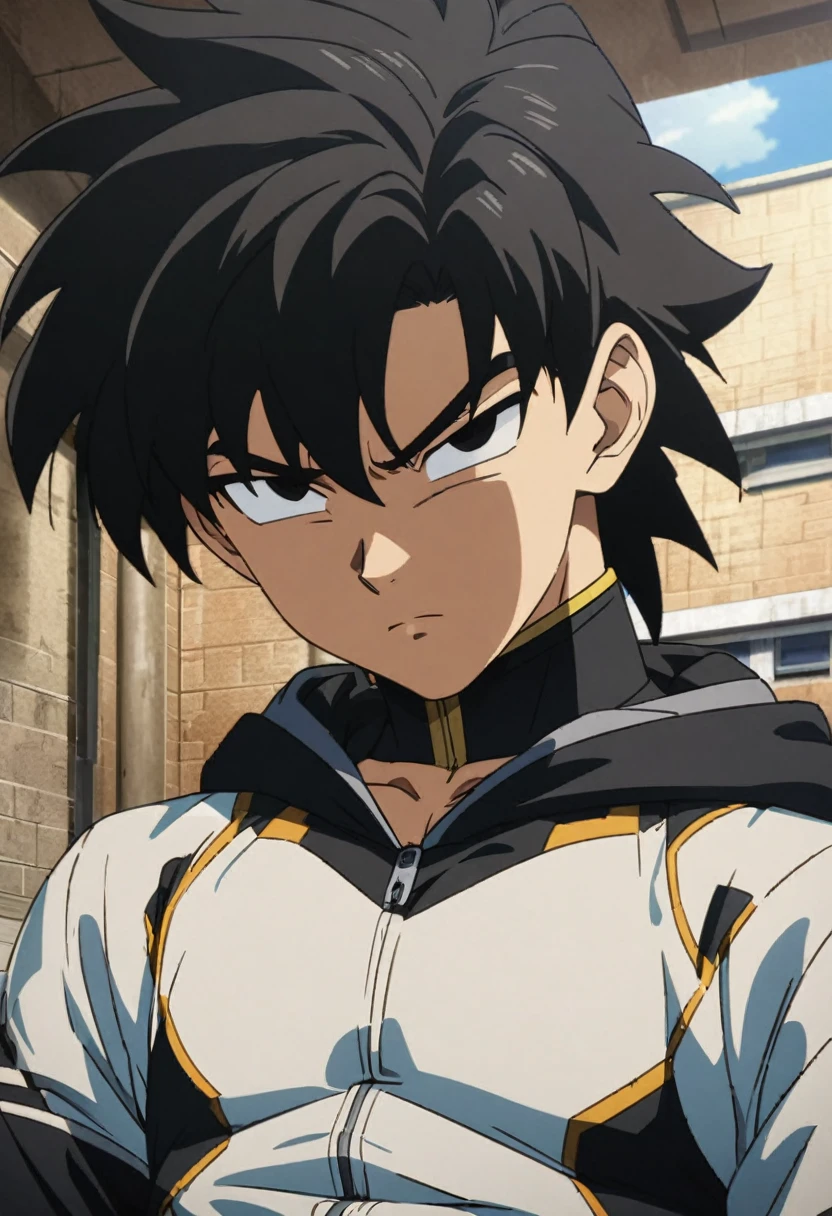 A highschool boy, handsome, perfect body, black hair, short hair, mullet, black eyes, upturned eyes, expressionless, black hood, anime, first-person view, dragonball art style, masterpiece, anatomically correct, high details, highres, best quality, super detail, 1080P