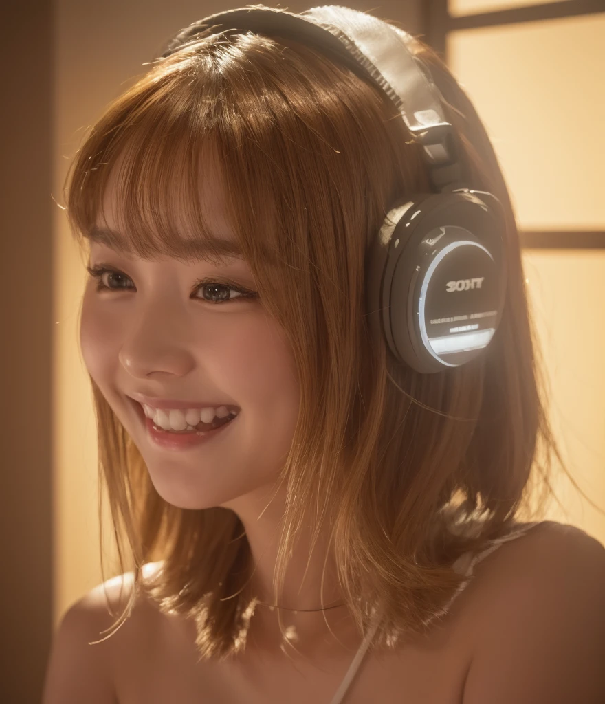 (8K, Raw photography, top-quality, masterpiece:1.2), young japanese woman, wearing head phone beige and white tight sleeveless tops, in empty off-white room with some walls, The Clipping of footage shot on home video, with a soft lighting to highlight her feature and smile, Composition with movement, with warm colors adding warmth, wide shot