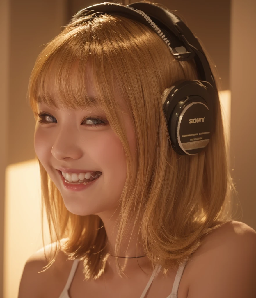 (8K, Raw photography, top-quality, masterpiece:1.2), young japanese woman, wearing head phone beige and white tight sleeveless tops, in empty off-white room with some walls, The Clipping of footage shot on home video, with a soft lighting to highlight her feature and smile, Composition with movement, with warm colors adding warmth, wide shot