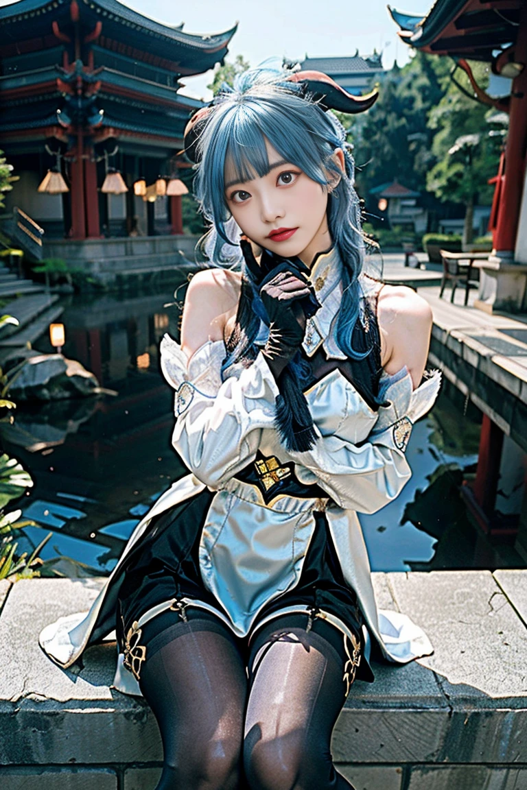master piece, Best Quality, (ganyu) , (GenshinImpact), ((Light blue hair)) , 1girl in, Ahoge, architecture, Bare shoulders, bell, Black Gloves, Black pantyhose, blush, breasts, Chinese knot, Detached sleeves, East Asian Architecture, flower knots, gloves, Horns, Long hair, Looking at Viewer, medium breasts, Neck bell, Night, Outdoors, pantyhose, Purple eyes, side locks , tassels, White sleeves, Convoluted , Caustics, Subsurface scattering, 18yearold, nsfw