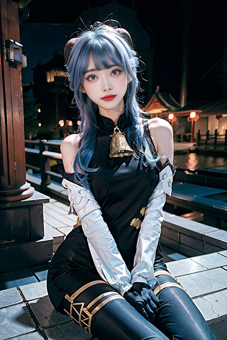 master piece, Best Quality, (ganyu) , (GenshinImpact), ((Light blue hair)) , 1girl in, Ahoge, architecture, Bare shoulders, bell, Black Gloves, Black pantyhose, blush, breasts, Chinese knot, Detached sleeves, East Asian Architecture, flower knots, gloves, Horns, Long hair, Looking at Viewer, medium breasts, Neck bell, Night, Outdoors, pantyhose, Purple eyes, side locks , tassels, White sleeves, Convoluted , Caustics, Subsurface scattering, 18yearold, nsfw
