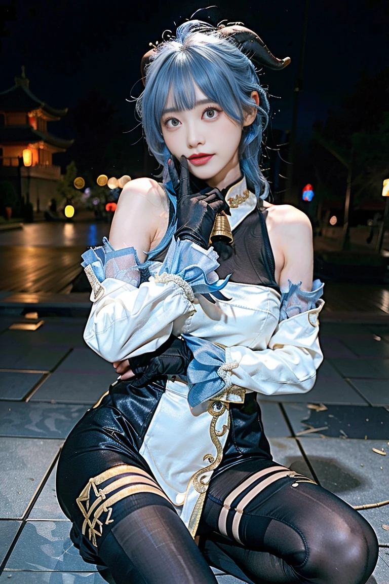 master piece, Best Quality, (ganyu) , (GenshinImpact), ((Light blue hair)) , 1girl in, Ahoge, architecture, Bare shoulders, bell, Black Gloves, Black pantyhose, blush, breasts, Chinese knot, Detached sleeves, East Asian Architecture, flower knots, gloves, Horns, Long hair, Looking at Viewer, medium breasts, Neck bell, Night, Outdoors, pantyhose, Purple eyes, side locks , tassels, White sleeves, Convoluted , Caustics, Subsurface scattering, 18yearold, nsfw