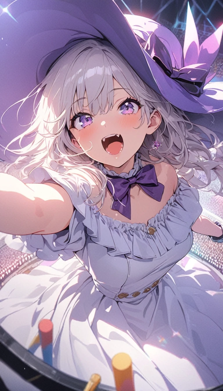 (Highest quality),(4K), [Very grand and detailed CG painting]!!,(Cheering Stick),(((Masterpiece,))) (Super detailed),(((Idol))),(Intricate details),(nature,Cute face,Tsundere),((((Beautiful stage)))),(Dynamic Angle,View from above),(Consistent flow),(Dynamic Lighting),(flowering,Synthwave), (reality: 0.7), alone,1 Girl,Long eyelashes,Watery eye,Reflected Eyes,eye shadow,Light purple eyes,((1 purple bow tie)),((big witch hat)), (Blue off-the-shoulder shirt: 0.4,race),Beautiful detailed hair, [White Dress]!!, White-haired God,((Elegant and conservative fabrics))