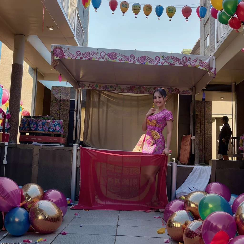 A stunning photograph capturing a 35-year-old Indonesian woman in a graceful face and traditional batik dress. She is celebrating her birthday with a group of joyful children, their laughter filling the air. The background showcases the front garden of a building with the words 'Panti Pec' prominently displayed. The scene is adorned with vibrant birthday decorations, including colorful balloons and streamers, and a beautifully decorated birthday cake. The natural lighting adds an extra layer of warmth and authenticity to this incredibly detailed and heartwarming scene.