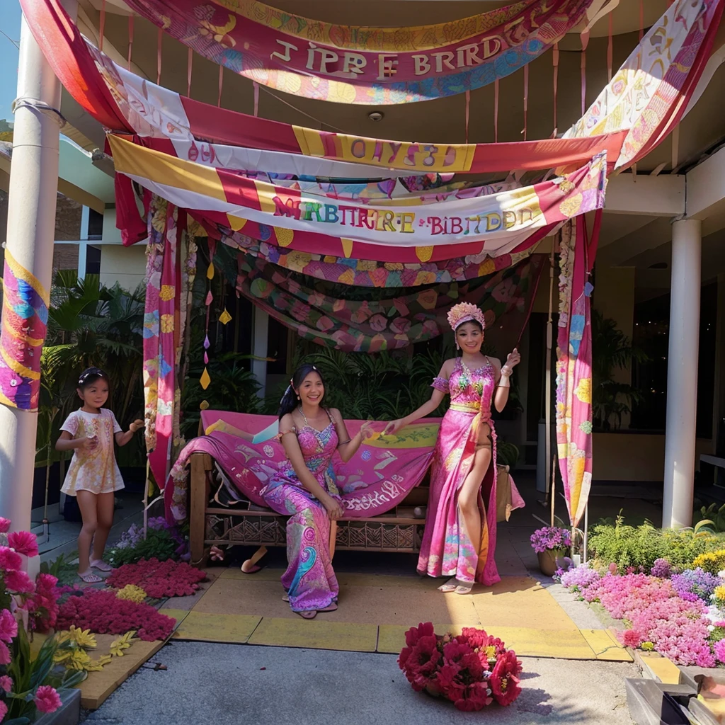 A stunning photograph capturing a 35-year-old Indonesian woman in a graceful face and traditional batik dress. She is celebrating her birthday with a group of joyful children, their laughter filling the air. The background showcases the front garden of a building with the words 'Panti Pec' prominently displayed. The scene is adorned with vibrant birthday decorations, including colorful balloons and streamers, and a beautifully decorated birthday cake. The natural lighting adds an extra layer of warmth and authenticity to this incredibly detailed and heartwarming scene.