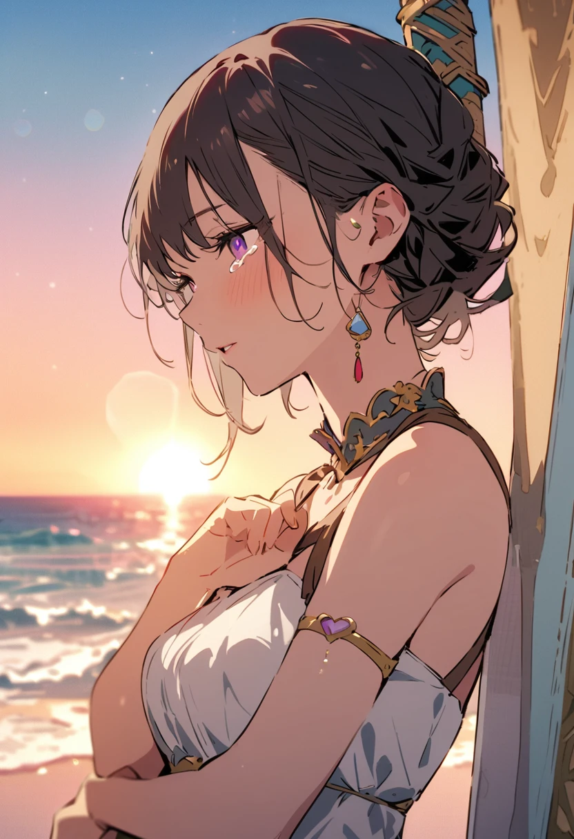 masterpiece, Highest quality, Illustration of the novel, High resolution, 18+ Adult content, Sensual, Intimate, Emotional, Passionate, romantic, sweet, Adorable, Innocent, Pure, charmな, charmな, charm, mysterious, charmな, charmな, Immersive, charmな, dream-like, Surreal, Imaginative, Whimsical, Artistic, Avant-garde, timeless, elegant, Sophisticated, chic, Sophisticated, Personality, original, charmな,((upon:1.3)),((Beautiful Tears))、Upper Body、(a bit),(Woman warrior:1.3),Swordsman、Holy sword、Large sword,((Sunrise Time/Sunrise time/sunrise time:1.3))