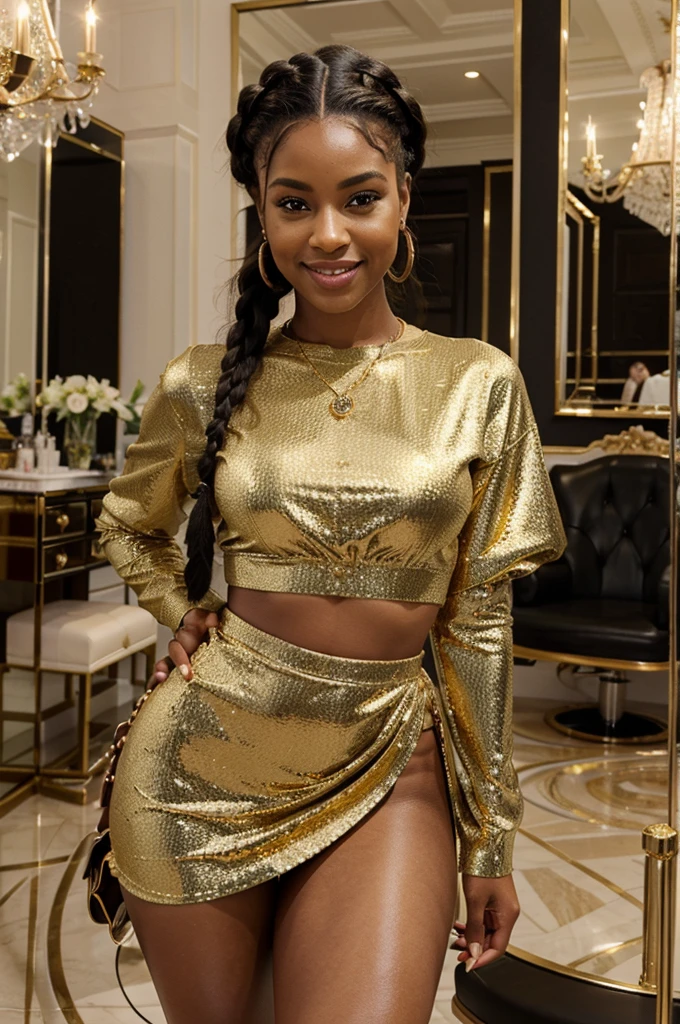 A hyper-realistic image of a stylish black American hairdresser. She has a confident, bossy presence, wearing a tight, sexy, and short frock with gold accessories. She is smiling warmly and looking directly at the camera, exuding a welcoming and professional demeanor. Her hair is styled in trendy braids, and she is holding professional salon tools. The background shows a luxurious salon interior with velvet chairs, ornate mirrors, and elegant lighting. The overall atmosphere is upscale and sophisticated, emphasizing the hairdresser's professionalism and expertise.