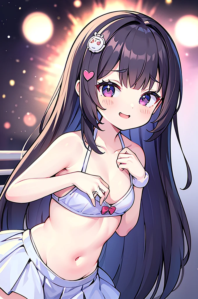 Cute girl with skirt belly punch in the corner of the ring,((masterpiece)),long hair,beautiful white skin、 ((charming))、happy smile、perfect proportions、(((Kickboxing)))、(((Mixed wrestling))), cute woman, baby face, BREAK source_anime, high detail, looking at viewer,POV, large chest, best quality, highly detailed, young face, white background,Droopy eyes,relaxed face,she attacks,frilly skirt,heart hair ornament,twin tale hair