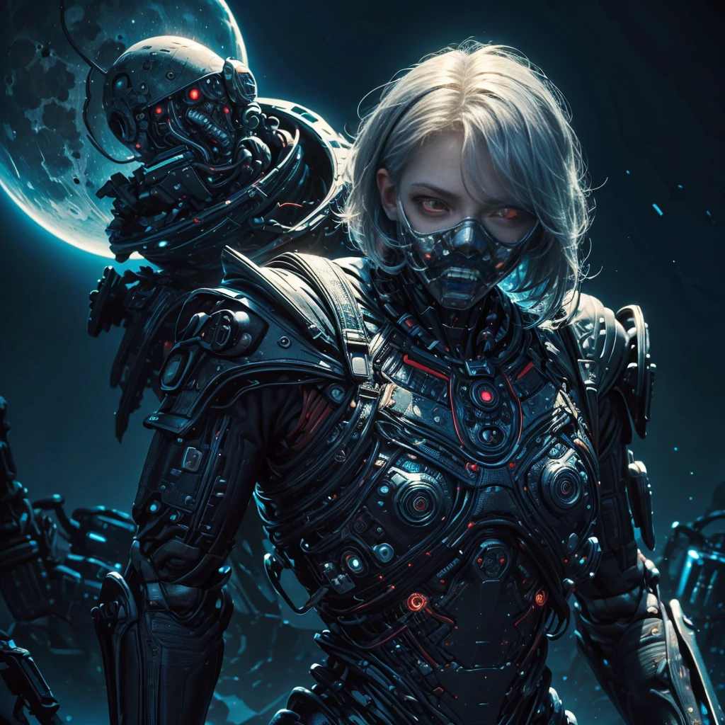 Realistic, perfect masterpiece, high quality, high resolution, highest image quality, 8k hd. 1girl, Long white-silver hair, red eyes, glowing eyes, . Cybernetic suit, masks. Night, moon, destuction on the background. Highly detailed background