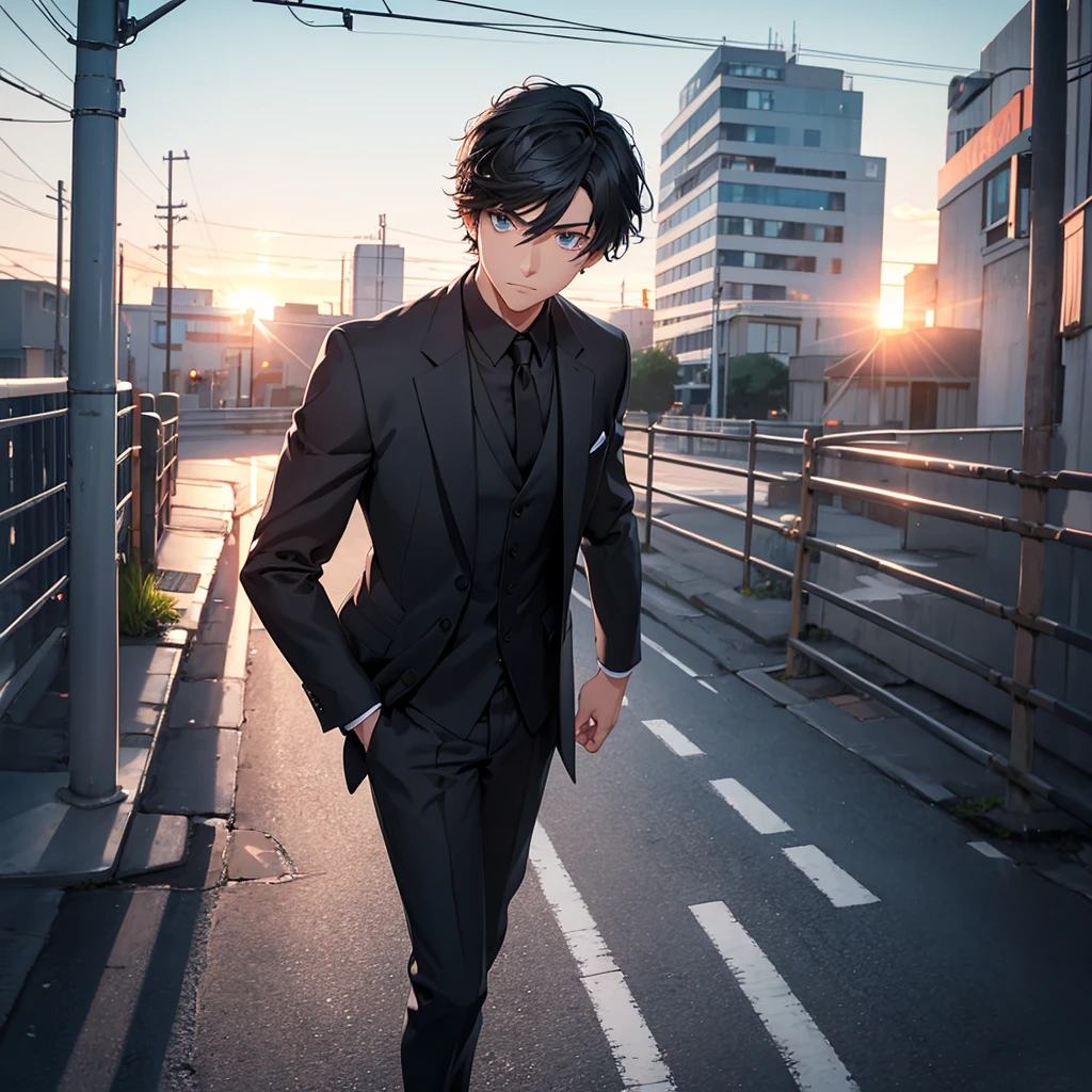 1boy, short black hair, light blue eyes, wearing all black suits, street, sunset, high res, ultrasharp, 8k, masterpiece, looking at viewer from behind