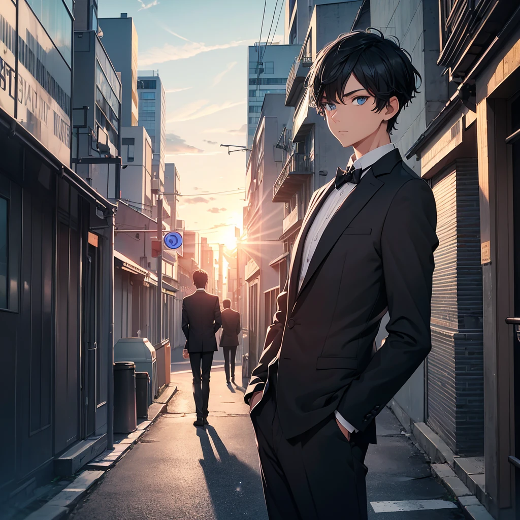 1boy, short black hair, light blue eyes, wearing all black suits, street, sunset, high res, ultrasharp, 8k, masterpiece, looking at viewer from behind