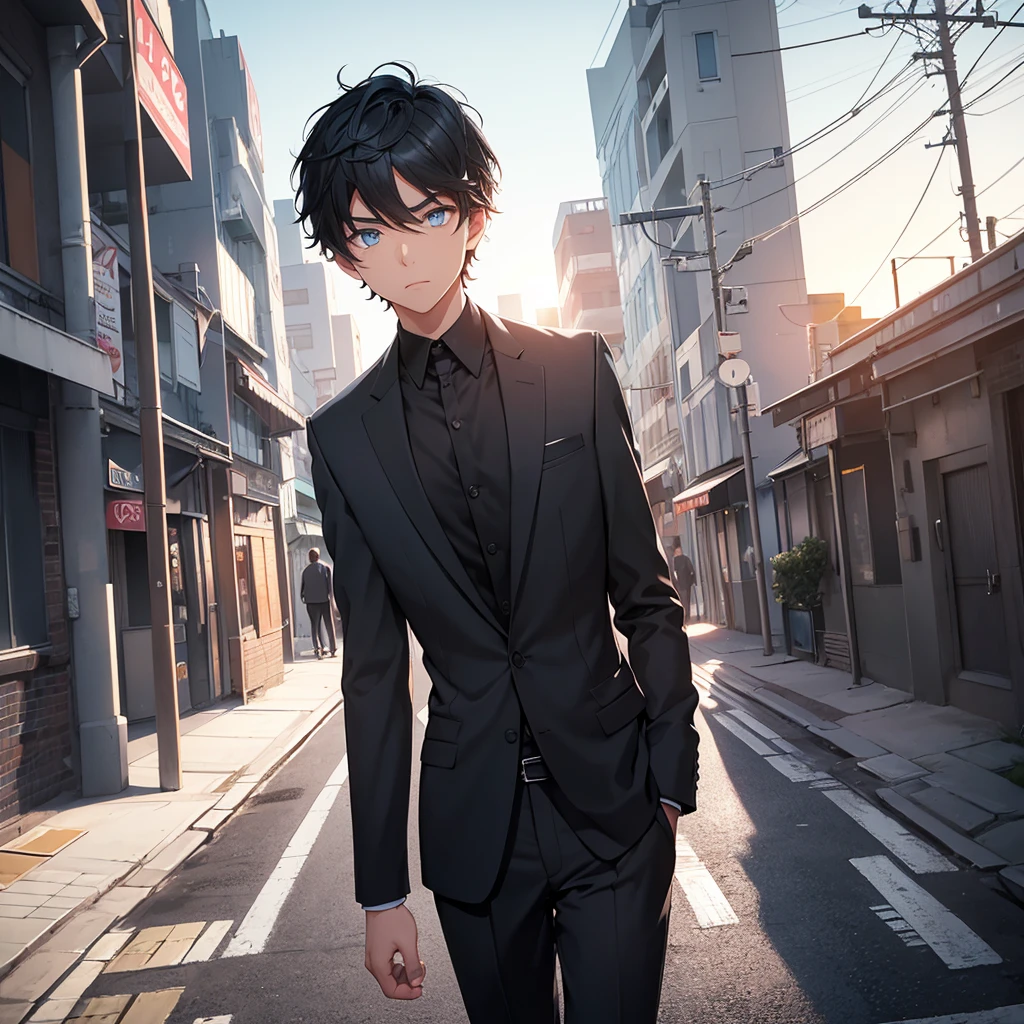 1boy, short black hair, light blue eyes, wearing all black suits, street, sunset, high res, ultrasharp, 8k, masterpiece, looking at viewer from behind