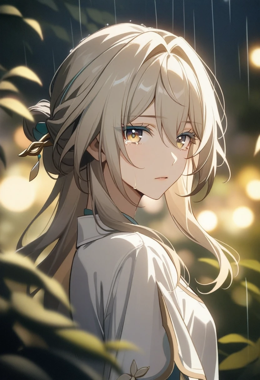 ruan_mei_(honkai:_star_rail) , calm, exspressionless, glossy lips, portrait, looking at viewer, tears, (blonde hair:1.3),, colored eyelashes, yellow eyelashes, white clothes, office blouse, pearls, golden eyes,hairstick, sfw, modest, rain, flowers trees background, flat chest, (masterpiece), (best quality), (ultra-detailed), very aesthetic, illustration, disheveled hair, perfect composition, moist skin, intricate details, cinematic still, emotional, harmonious, vignette, highly detailed, high budget, bokeh, cinemascope, moody, epic, gorgeous, film grain, grainy