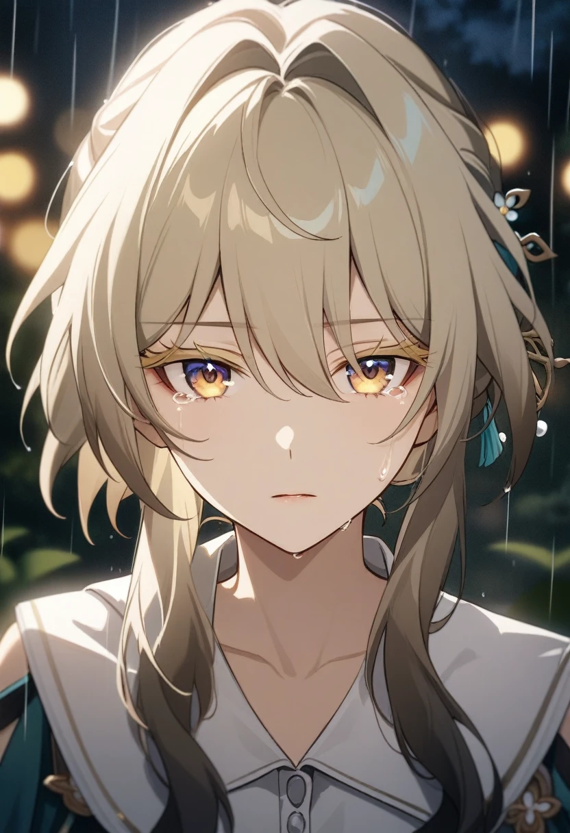 ruan_mei_(honkai:_star_rail) , calm, exspressionless, glossy lips, portrait, looking at viewer, tears, (blonde hair:1.3),, colored eyelashes, yellow eyelashes, white clothes, office blouse, pearls, golden eyes,hairstick, sfw, modest, rain, flowers trees background, flat chest, (masterpiece), (best quality), (ultra-detailed), very aesthetic, illustration, disheveled hair, perfect composition, moist skin, intricate details, cinematic still, emotional, harmonious, vignette, highly detailed, high budget, bokeh, cinemascope, moody, epic, gorgeous, film grain, grainy
