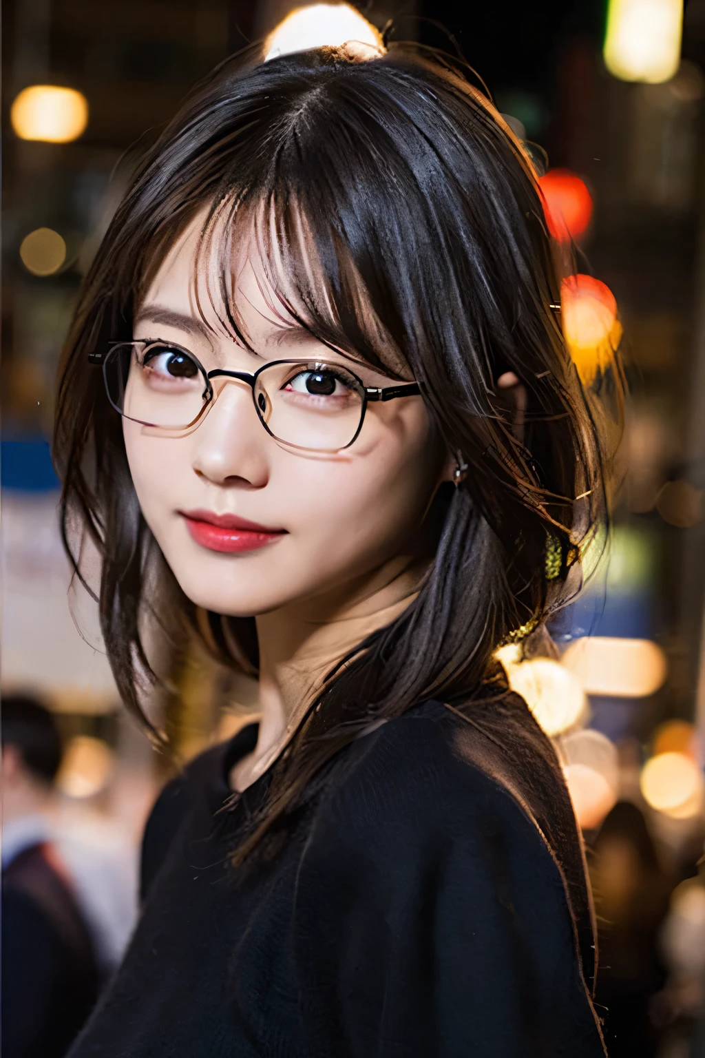 (8K、Raw photography、top-quality、​masterpiece:1.2)、(realisitic、Photorealsitic:1.37)、ultra-detailliert、超A high resolution、女の子1人、see the beholder、beautifull detailed face、A smile、Constriction、(Slim waist) :1.3)、Beautiful detailed skin、Skin Texture、Floating hair、Professional Lighting、Beautiful place with a night view、Black-rimmed square glasses、Whole human body、Brown hair