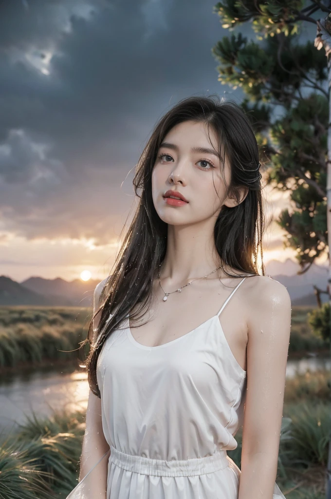 (((best quality))),(((ultra detailed))),(((masterpiece))),illustration,((1 beautiful girl,solo)),((slim,thin,flat chest)),(shoulder length straight bob hair:1.2),flowing hair,fair skin,(shiny skin:1.3),detailed eyes,laughing,(shirt-dress:1.3),delicate necklace,grass,dewdropletts,trees,bird chirping,serenity,gratitude,awe,wonders of nature,peace,contentment,magnificent world,summer,(pitch-dark dawn:1.5),(night scene:1.3),((upper body,from front)),after rain,(wet:1.3),standing,on the path,At the mountaintop,confident gaze,elegant posture,mysterious atmosphere,solemn mood,dawn approaching,detailed decorations,(sunrise:1.3),(cloudy sky:1.2),rainbow,(Rural Landscape:1.2),horizon,
