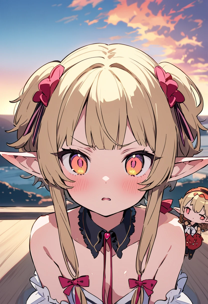 masterpiece, Highest quality, Illustration of the novel, High resolution, 18+ Adult content, Sensual, Intimate, Emotional, Passionate, romantic, sweet, Adorable, Innocent, Pure, charmな, charmな, charm, mysterious, charmな, charmな, Immersive, charmな, dream-like, Surreal, Imaginative, Whimsical, Artistic, Avant-garde, timeless, elegant, Sophisticated, chic, Sophisticated, Personality, original, charmな,((Loli Elf:1.3)),((A look of disgust:1.3))、Upper Body、(a bit),((Sunrise Time/Sunrise time/sunrise time:1.3))