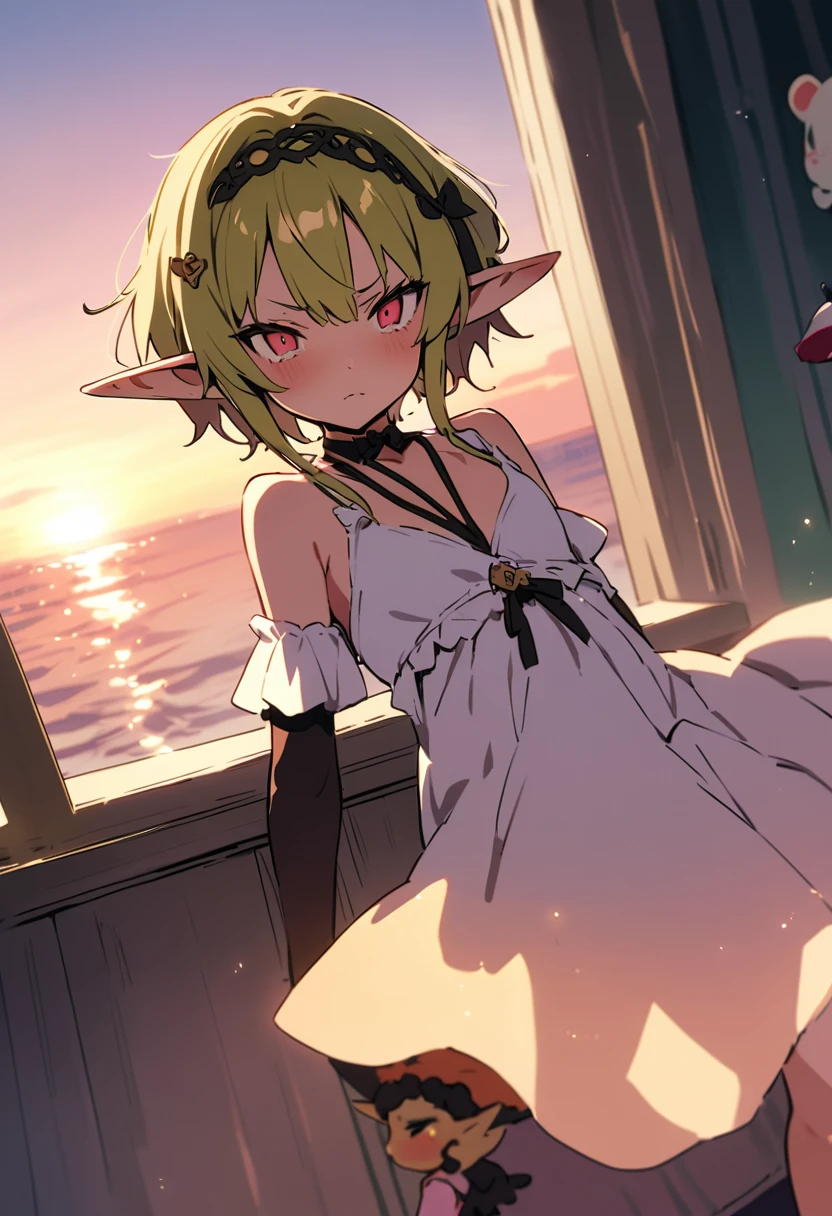 masterpiece, Highest quality, Illustration of the novel, High resolution, 18+ Adult content, Sensual, Intimate, Emotional, Passionate, romantic, sweet, Adorable, Innocent, Pure, charmな, charmな, charm, mysterious, charmな, charmな, Immersive, charmな, dream-like, Surreal, Imaginative, Whimsical, Artistic, Avant-garde, timeless, elegant, Sophisticated, chic, Sophisticated, Personality, original, charmな,(( Elf:1.3)),((A look of disgust:1.3))、Upper Body、(a bit),((Sunrise Time/Sunrise time/sunrise time:1.3))