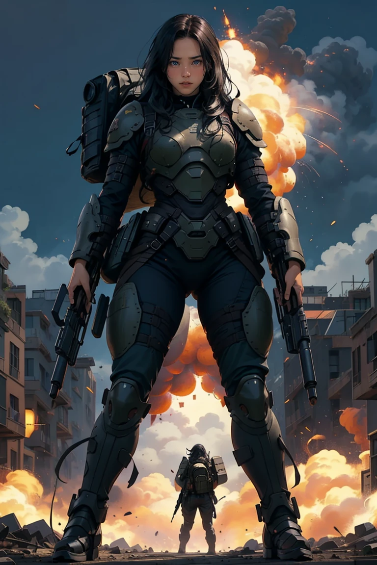 1 girl, black long hair, wearing battle armor, heavy backpack, pose, fullbody shot, shooting with heavy weapon, at the battle place, explosion,