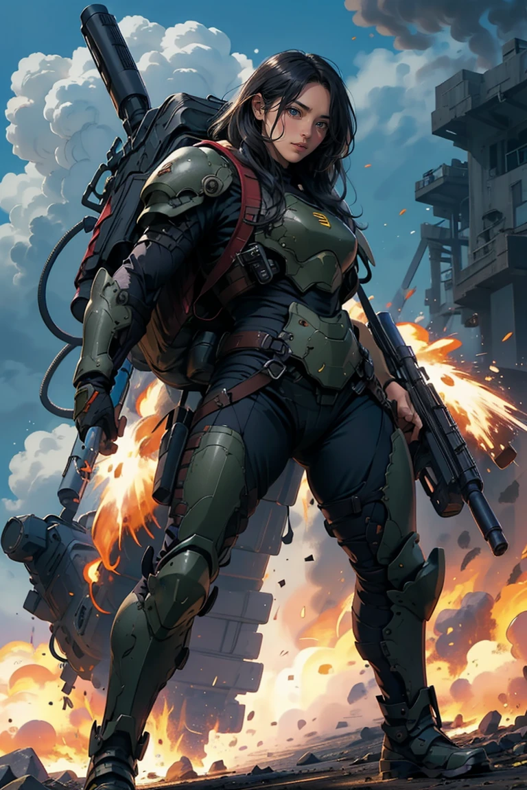 1 girl, black long hair, wearing battle armor, heavy backpack, pose, fullbody shot, shooting with heavy weapon, at the battle place, explosion,